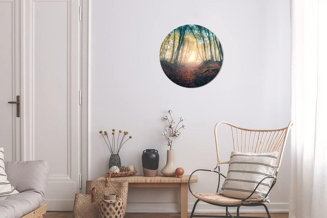 MuchoWow Wandbild Rund Wanddeko Deko Wohnzimmer Bilder 30x30 cm Wald - Nebel - Sonne - Herbst, 30x30