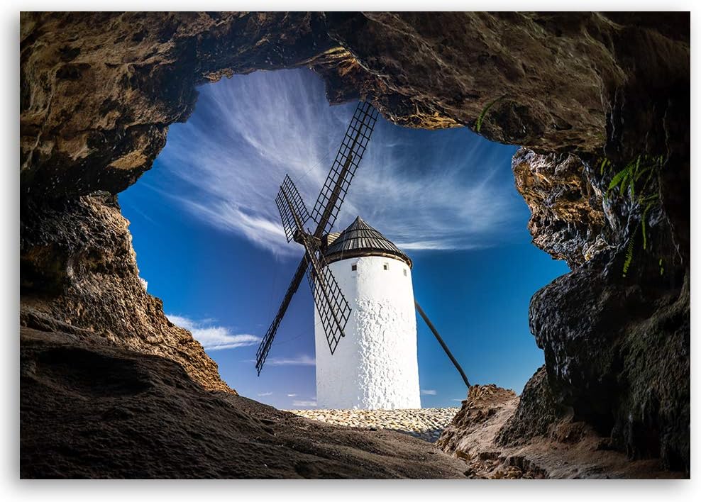 Feeby Wandbild 3D Bild Druckbild Leinwandbild Windmühle Blau 90x60 cm Leinwandbild 90x60 cm Blau_b,