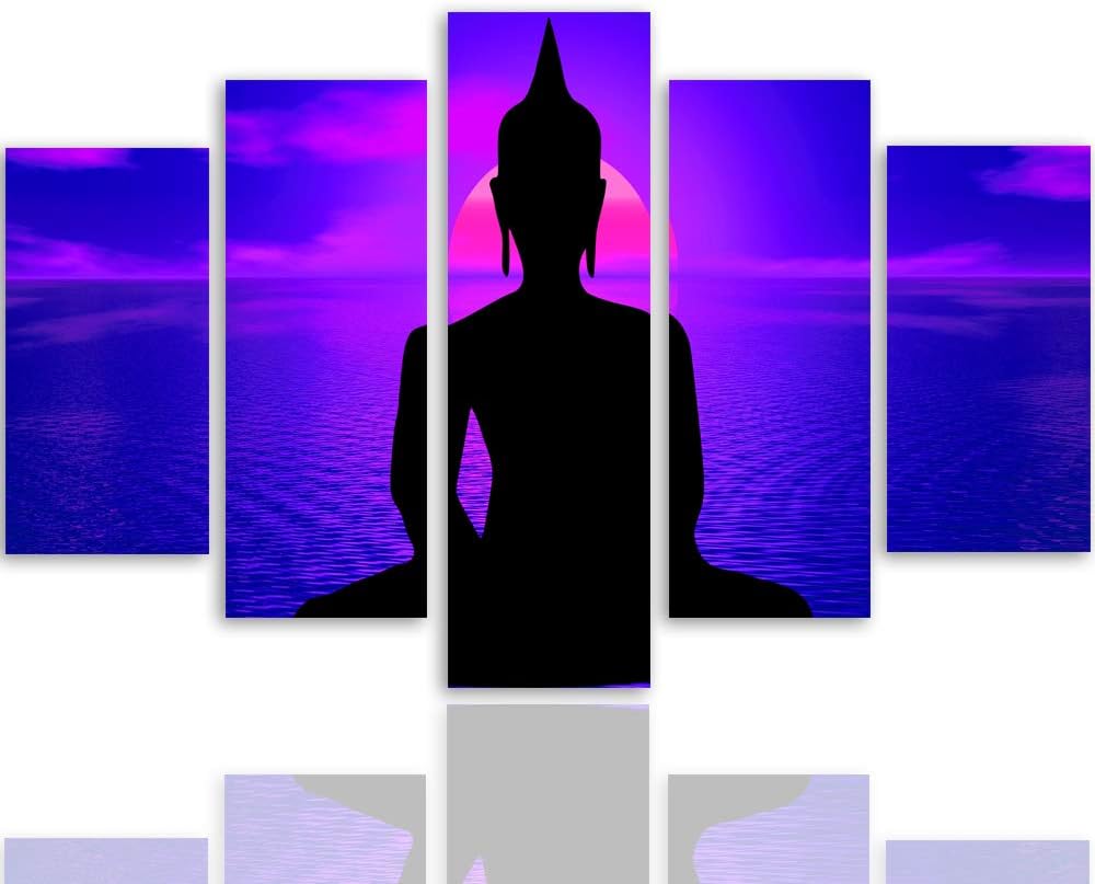 Feeby Bilder Buddha 200x100 cm Leinwandbild 5 Teilig XXL Kunstdruck modern Meer violett Leinwandbild