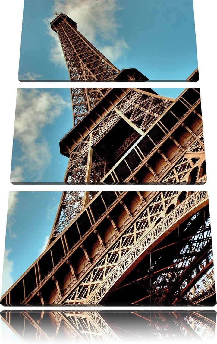 Pixxprint Gigantischer Eifelturm Paris / 3-Teilig/Gesamtmass 120cm Leinwandbild bespannt auf Holzrah