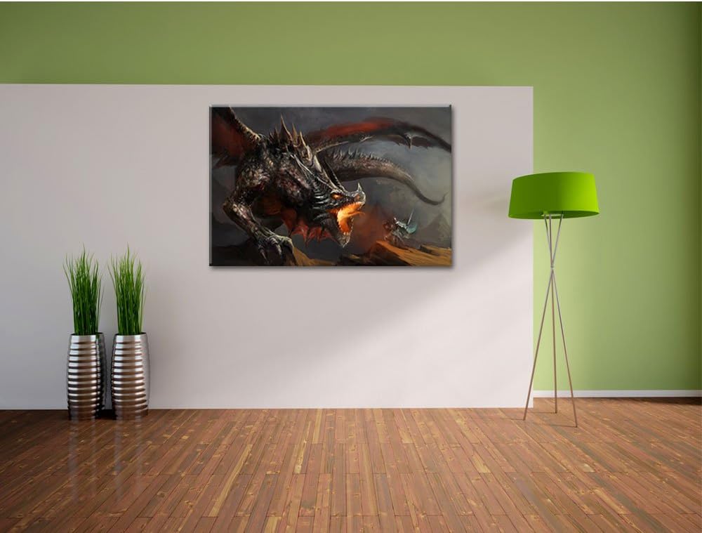 Pixxprint Kampf zwischen Mensch und Drache als Leinwandbild/Grösse: 100x70 cm/Wandbild/Kunstdruck/fe