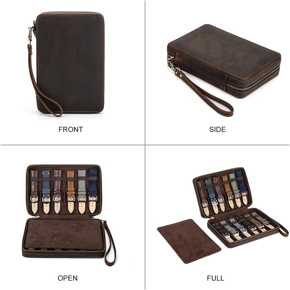 Contacts Uhrenarmband-Box aus echtem Leder, mit Reissverschluss, Organizer für 12 Uhrenarmbänder, Re
