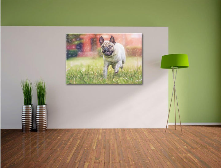 Pixxprint Rennender Mops als Leinwandbild/Grösse: 100x70 cm/Wandbild/Kunstdruck/fertig bespannt, 100