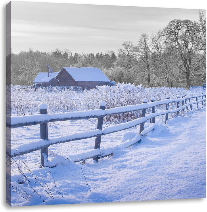 Pixxprint kleines Holzhaus in verschneiter Landschaft schwarz/weiss als Leinwandbild/Grösse: 70x70 c