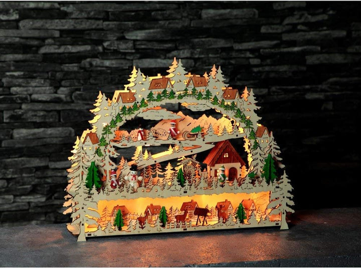 LED-Fensterleuchter "Village" 14 warmwhite LED, Material: Holz, Farbe: natur/bunt, ca. 34 cm x 45 cm