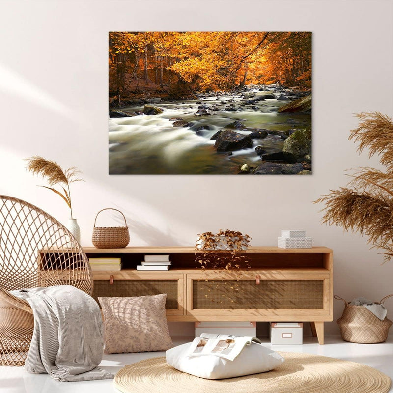 Bilder auf Leinwand 100x70cm Leinwandbild Stream Herbst Forrest Berg Gross Wanddeko Bild Schlafzimme