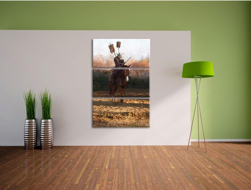 Pixxprint Samurai Krieger auf einem Pferd als Leinwandbild/Grösse: 3 Teilig (120x80) / Wandbild/Kuns