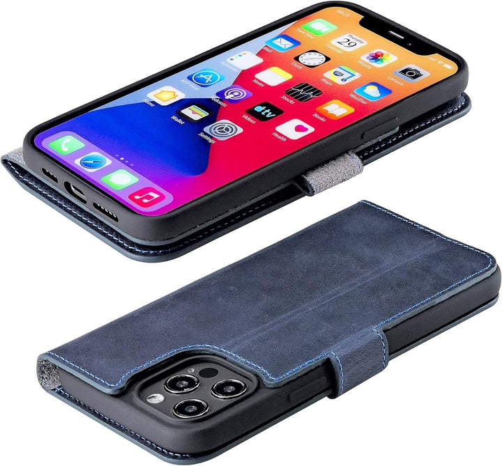 Suncase Book-Style Hülle kompatibel mit iPhone 12 Pro (6.1") Leder Tasche (Slim-Fit) Lederhülle Hand