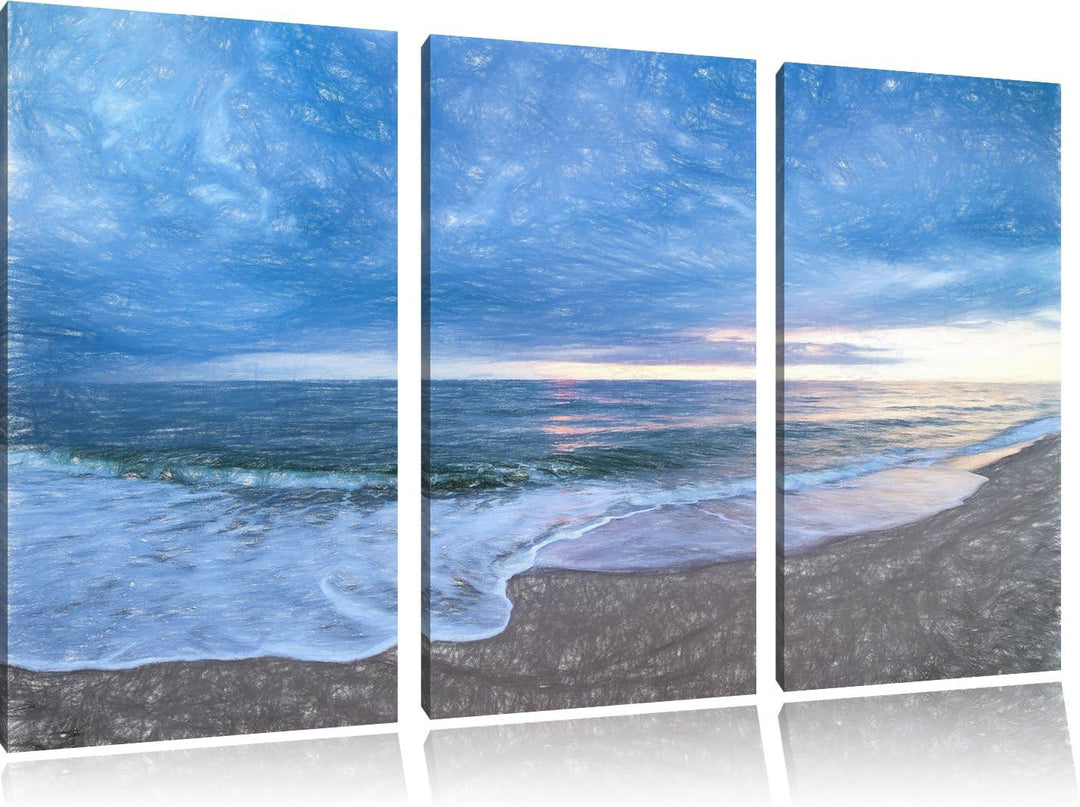 Pixxprint Strandufer Kunst Buntstift Effekt 3-Teiler Leinwandbild 120x80 Bild auf Leinwand