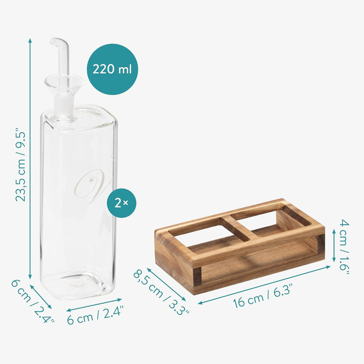 Navaris 2er Set Öl- und Essigspender aus Glas mit Holzständer - Ölflasche für Olivenöl Balsamico - 2