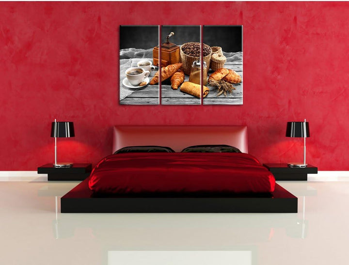 Pixxprint Aromatischer Kaffee mit Croissant Schwarz/Weiss 3-Teiler Leinwandbild 120x80 Bild auf Lein