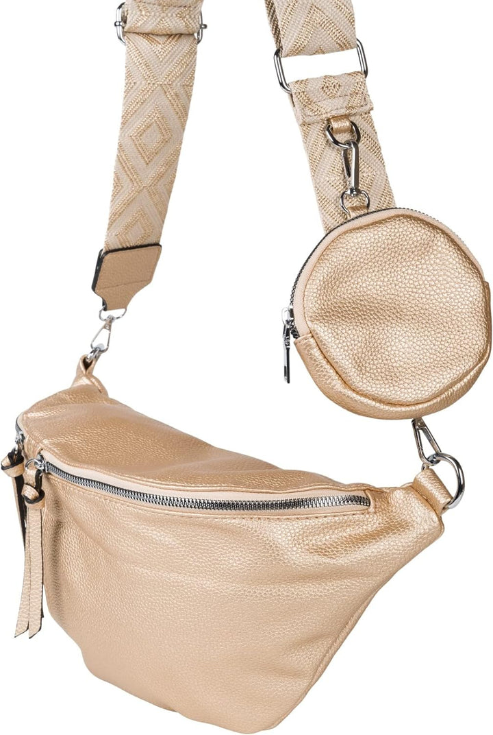 styleBREAKER Damen Halbmond Crossbody Schultertaschen Set 3-Teilig, Schultergurt mit Muster, Schlüss