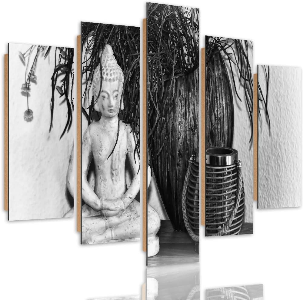Bilder 5 Teilig Buddha Deco Panel Kunst Statue Pflanze Schwarzweiss 100x70 cm Deco panel 100x70 cm K