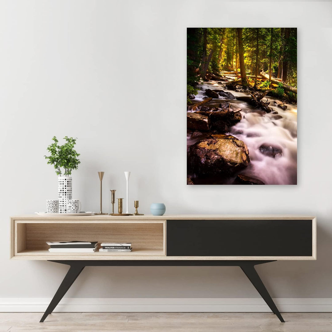 Feeby Wandbilder Wald Felsen Bach Landschaft XXL 80x120 cm 1Teilig Modern Vlies Bilder Leinwandbilde