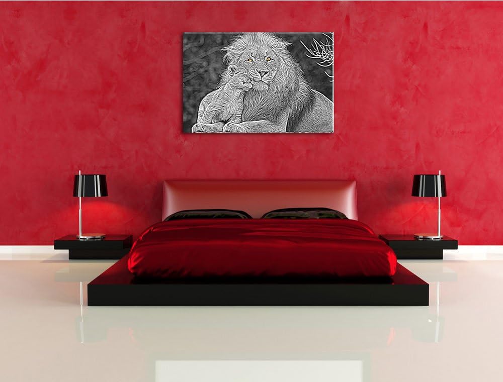 schöner Löwe mit Jungtier schwarz/weiss Deluxe Format: 100x70 cm auf Leinwand, XXL riesige Bilder fe