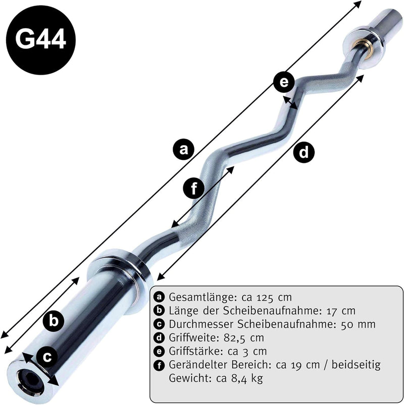 C.P. Sports SZ Langhantelstange mit Verschluss 50mm Ø Curlstange, sz-Stange, Bizepsstange G44 + Vers