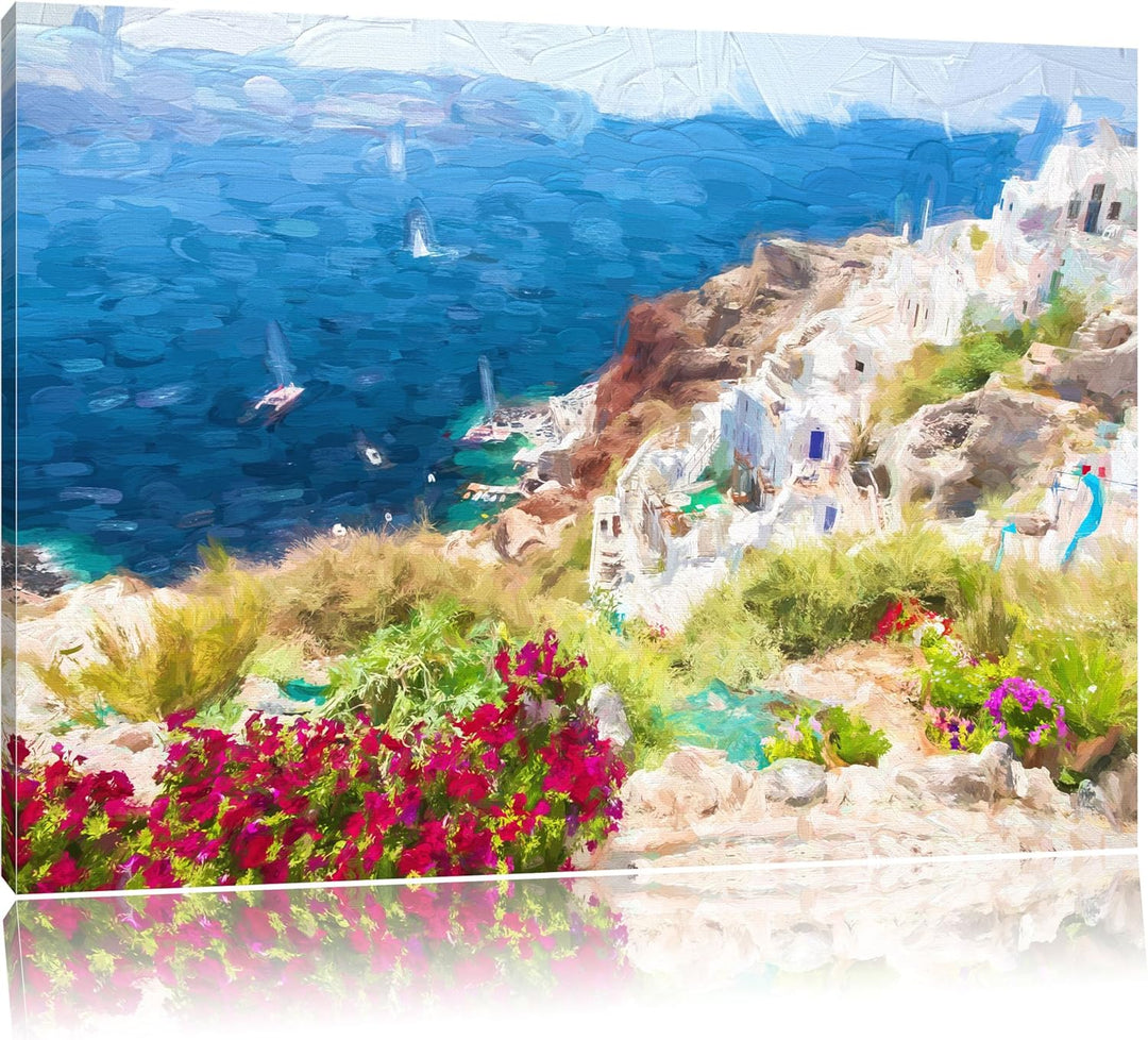 Pixxprint Griechische Küste als Leinwandbild/Grösse: 100x70 cm/Wandbild/Kunstdruck/fertig bespannt,