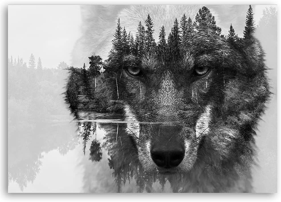 Feeby Vlies Leinwandbild Wolfskopf See Wald 100x70 cm Druckbild Wandbild Wanddekoration Deko Wand Ae