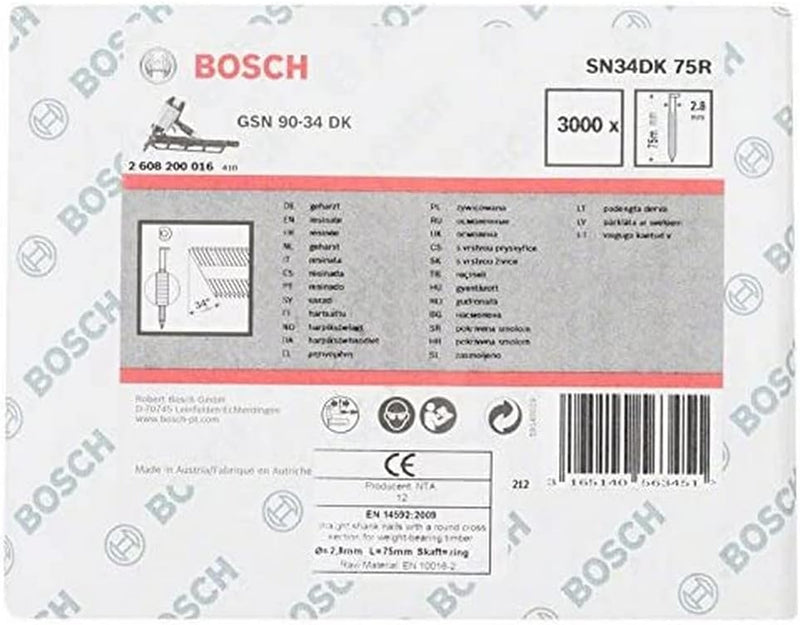 Bosch Professional 2608200016 Nagel D-Kopf Nagel 34°, blank, geringt; SN34DK 75R 75Rx2,8xmm,x75xmm,