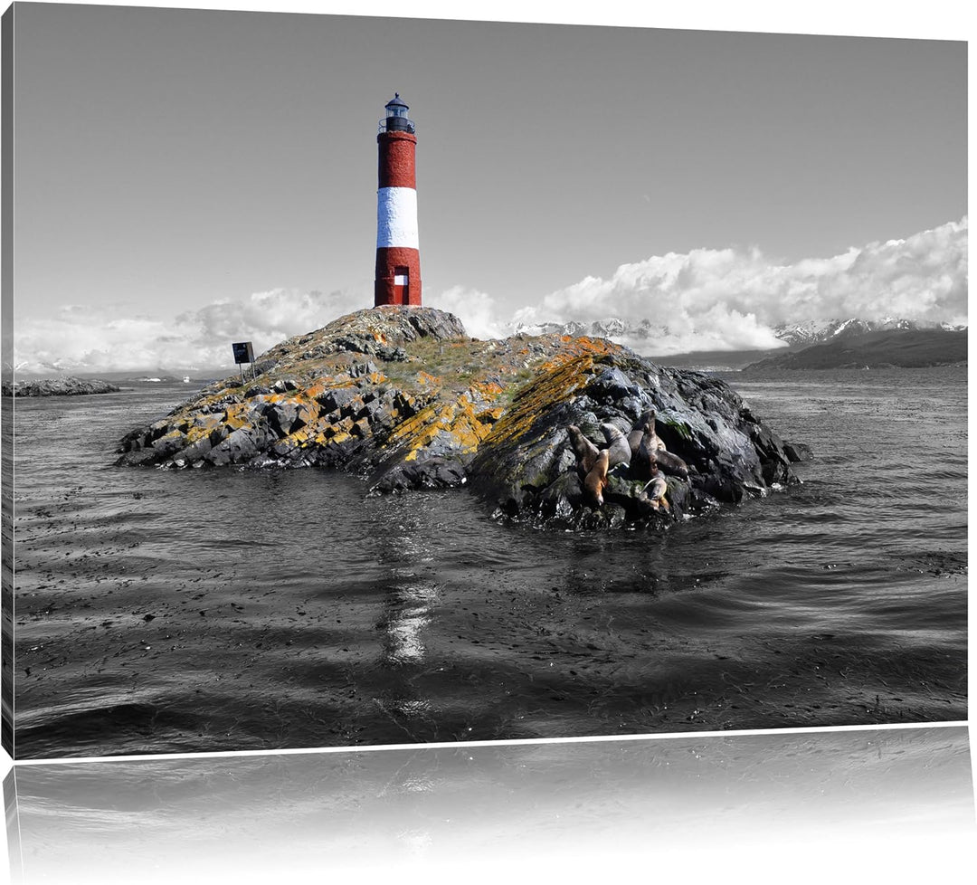 Pixxprint Leuchtturm mit Robben als Leinwandbild/Grösse: 100x70 cm/Wandbild/Kunstdruck/fertig bespan