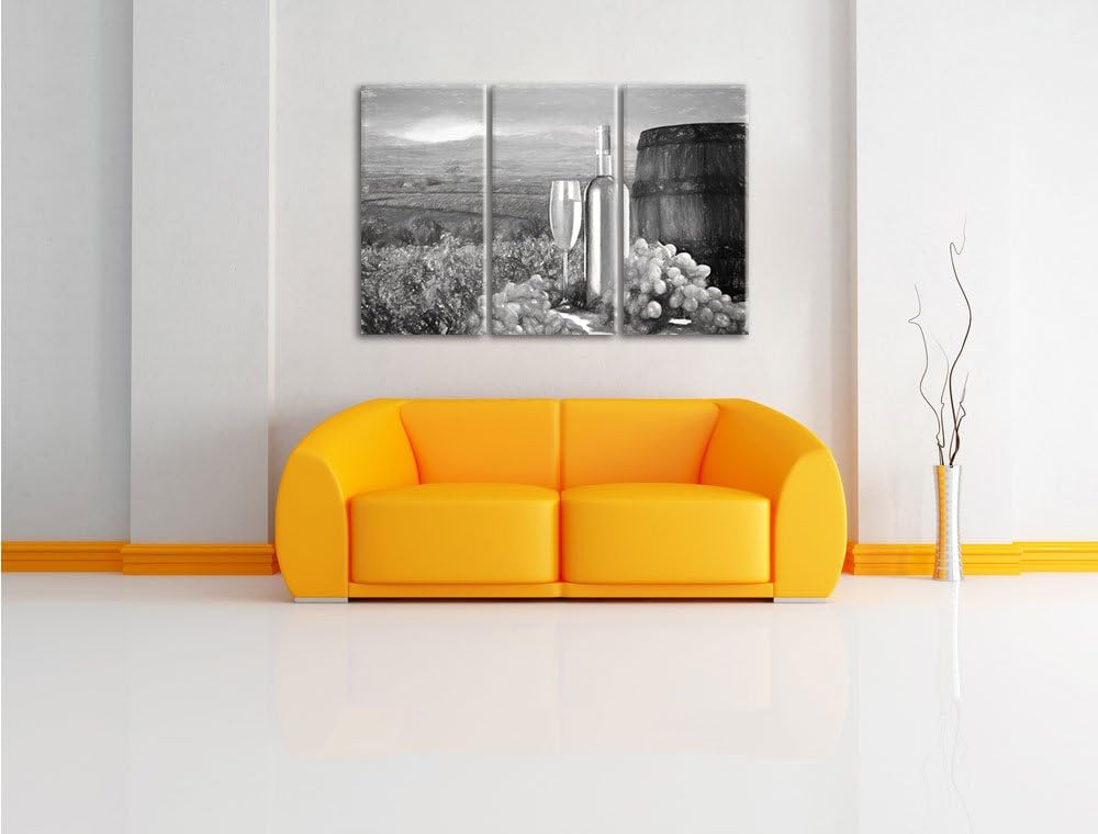 Pixxprint Weinreben mit Weinflasche und Fass Kohle Zeichnung Effekt 3-Teiler Leinwandbild 120x80 Bil