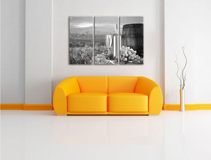 Pixxprint Weinreben mit Weinflasche und Fass Kohle Zeichnung Effekt 3-Teiler Leinwandbild 120x80 Bil