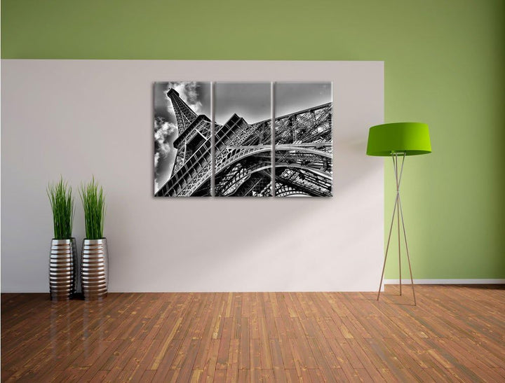 Pixxprint Monocrome, Gigantischer Eifelturm Paris 3-Teiler Leinwandbild 120x80 Bild auf Leinwand