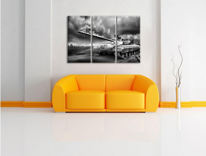 Pixxprint Panzer im Nebel 3Teiler 120x80 cm Leinwandbild Wandbild Kunstdruck