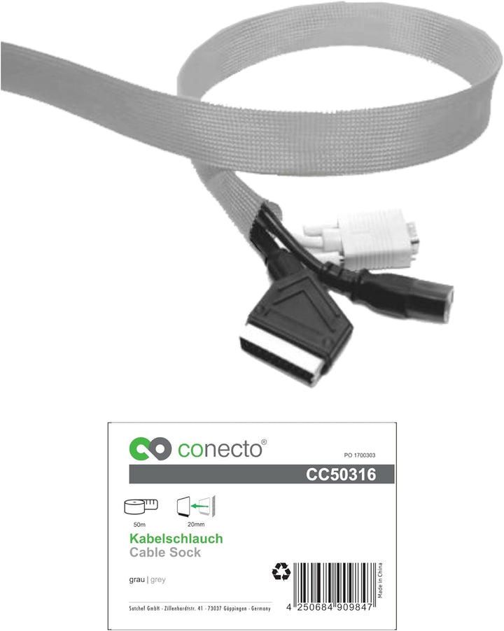 conecto CC50316 Universeller Polyester-Kabelschlauch, selbst zusammenziehend, Ø 20mm, Rolle 50m, gra