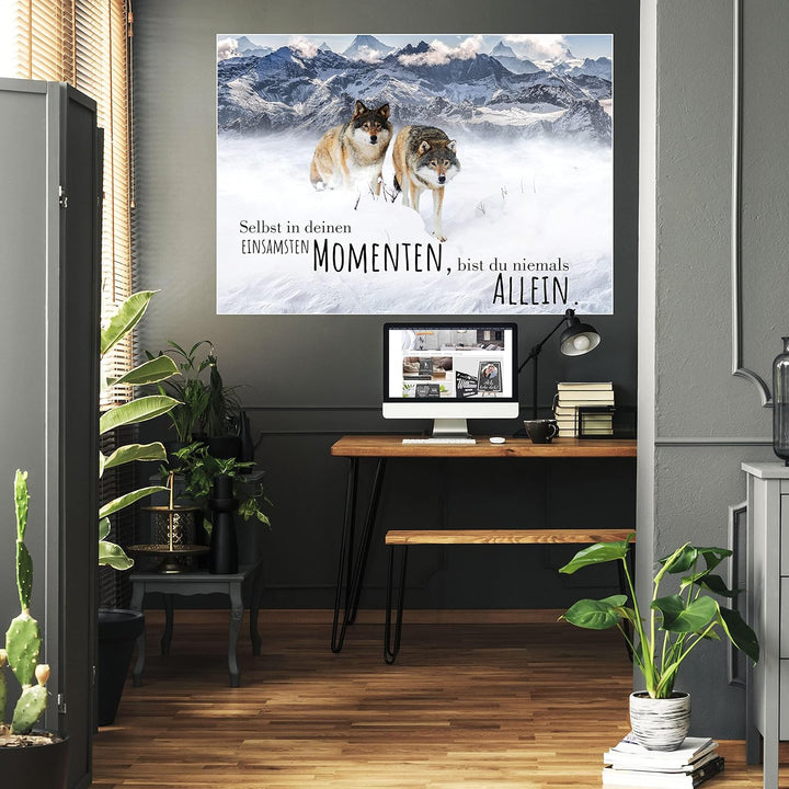 wandmotiv24 Poster als Wanddeko, Grösse Din A0, Wolfsrudel, Niemals allein, Wölfe, Wolf, Berge, Tier