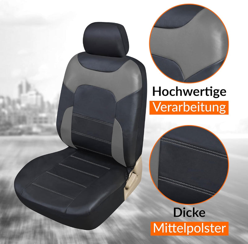 Upgrade4cars Sitzbezüge Auto Vordersitze Kunst-Leder Schonbezüge Set Universal Schwarz Grau | Auto-Z