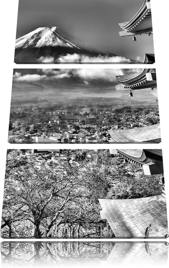 Pixxprint Tempel am Fudschijama Japan als Leinwandbild/Grösse: 3 Teilig (120x80) / Wandbild/Kunstdru