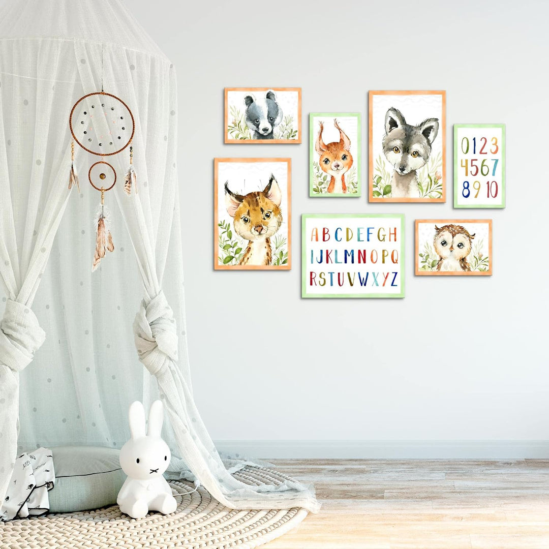 Novart Wandbilder Waldtiere - KOMPLETT AUFHÄNGFERTIG - Grau Kinderzimmer Mädchen Junge- 7 Moderne Mo