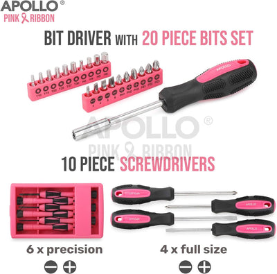 Apollo Pinkes Haushalts Werkzeugset mit pinken Werkzeugen, in einem grossen Werkzeugkoffer für Fraue