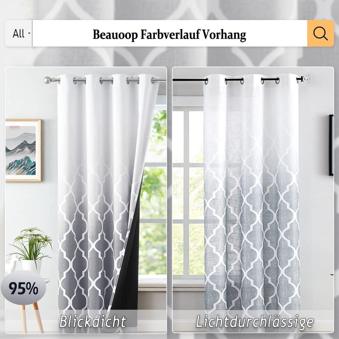 Beauoop Weiss bis Grau Halbtransparente Vorhänge mit Farbverlauf marokkanisch Schmale Leinenoptik Vo