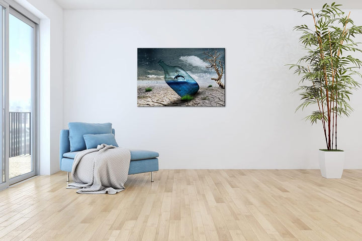deyoli Delphin in einer Flasche Format: 80x60 als Leinwandbild, Motiv fertig gerahmt auf Echtholzrah