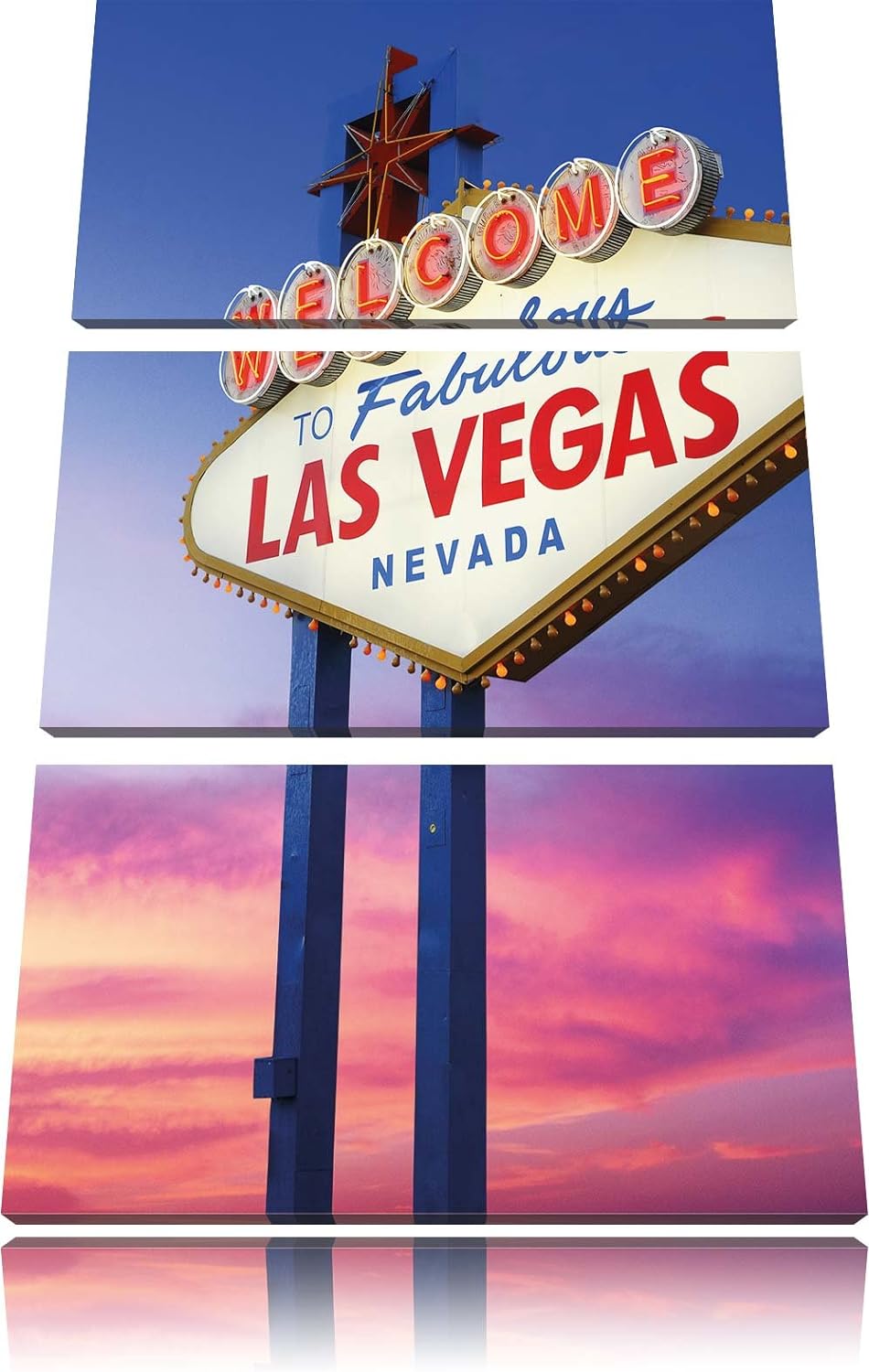 Pixxprint Las Vegas Schild in der Dämmerung als Leinwandbild | Grösse: 3 Teilig (120x80) | Wandbild|