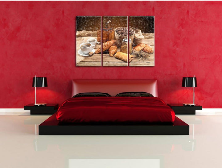 Pixxprint Aromatischer Kaffee mit Croissant Bunstift Effekt 3-Teiler Leinwandbild 120x80 Bild auf Le