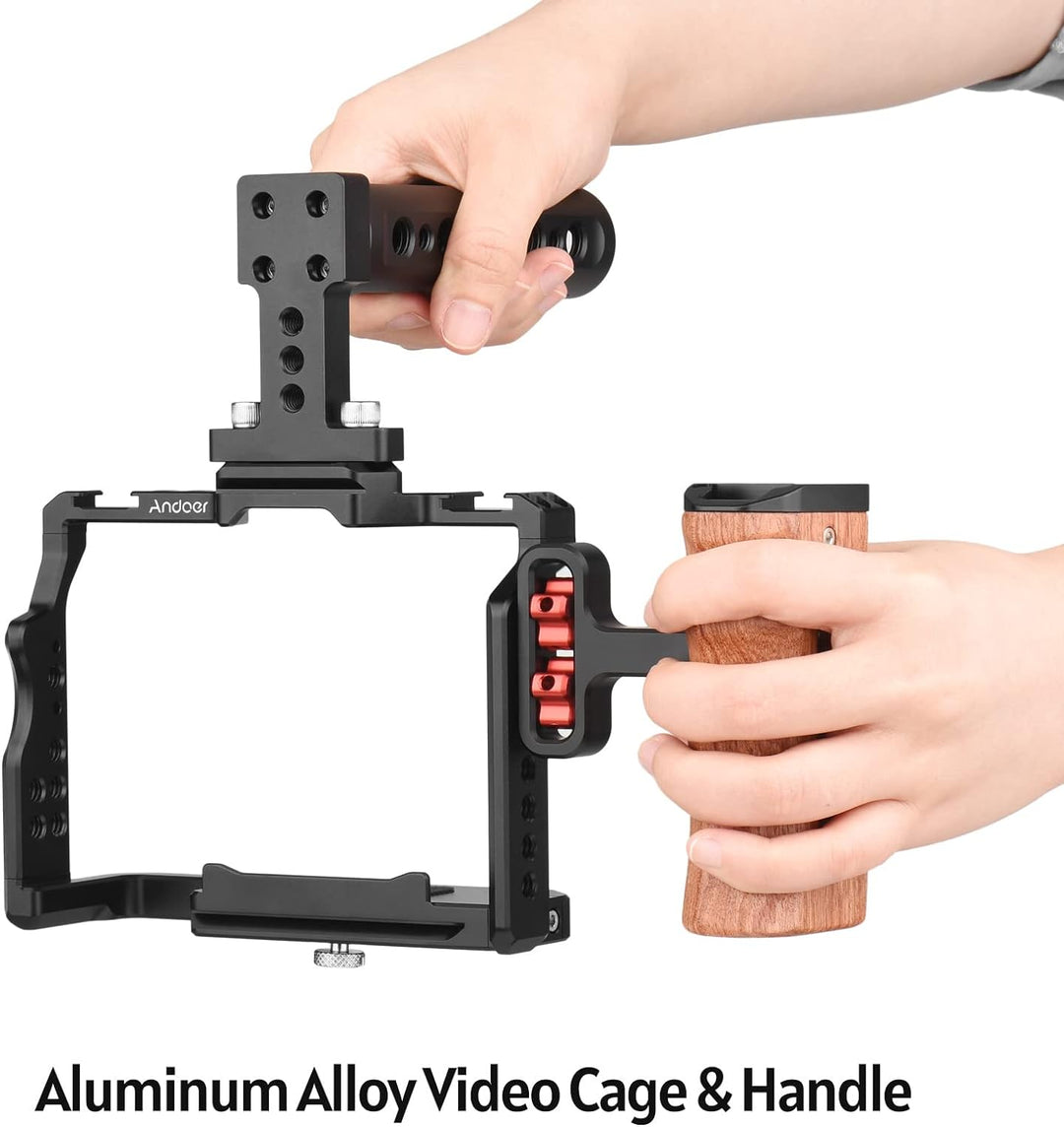 Andoer Andoer Camera Video Cage + Handle + Side Wooden Grip Kit Aluminiumlegierung mit Dual Cold Sho