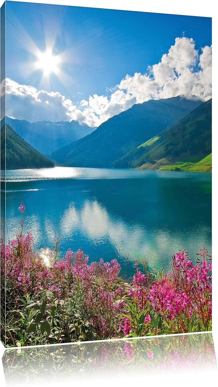 Blumenwiese am Bergsee, Format: 100x70 auf Leinwand, XXL riesige Bilder fertig gerahmt mit Keilrahme