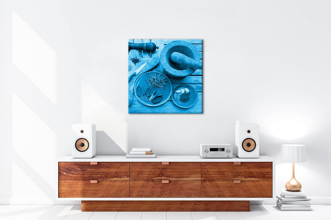 deyoli Gewürze mit einem Mörser Format: 60x60 Effekt: Monocrome Blau als Leinwandbild, Motiv fertig