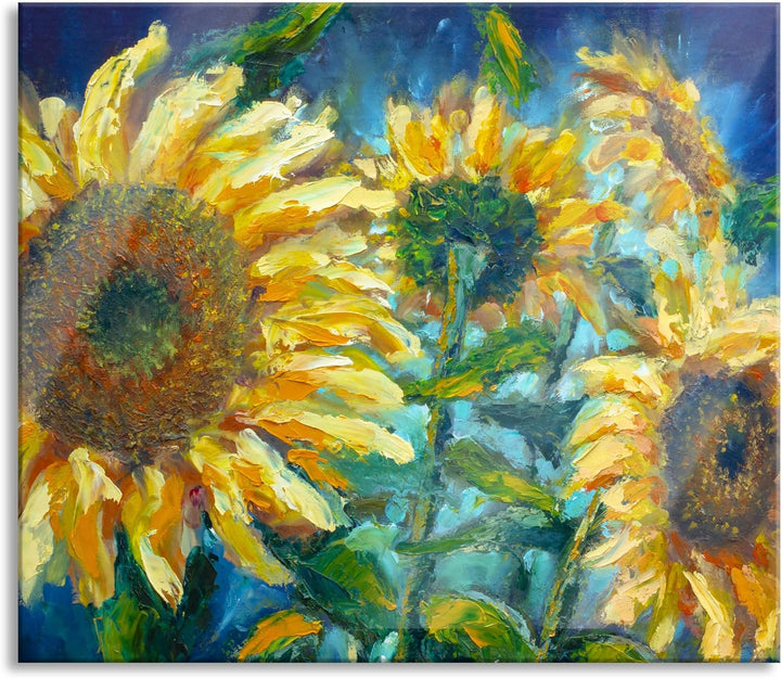 Sonnenblumen vor blauem Hintergrund Herdabdeckplatte & Spritzschutz aus Echtglas | Für Herd-Kochfeld