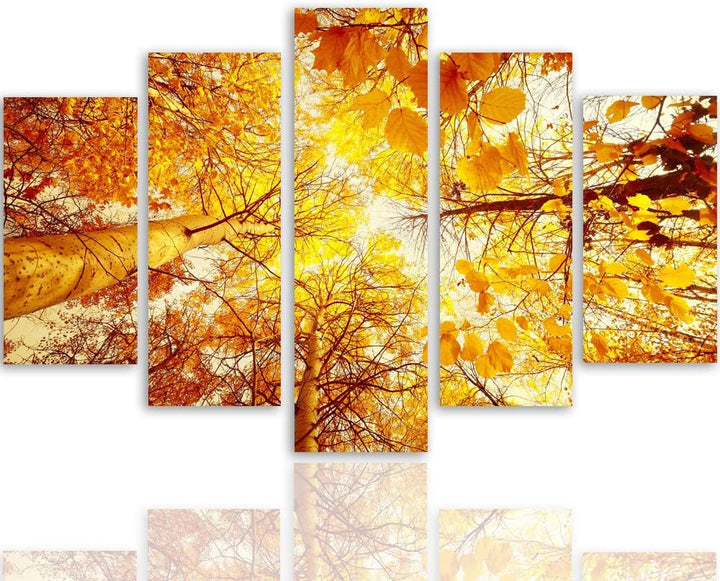 Leinwandbild 5 Teilig Landschaft Bild Wanddeko Herbst Bäume Blätter orange 200x100 cm Leinwandbild 2