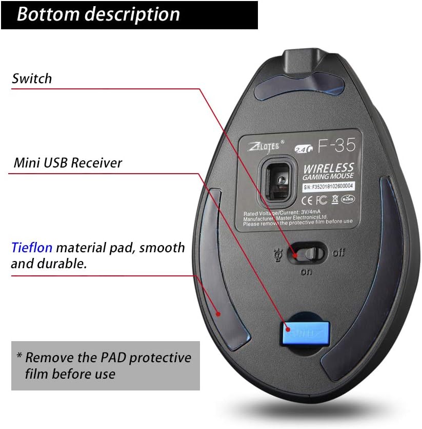 zelotes F35 Vertikale Maus, kabellos, Rechtshänder, 2,4 GHz, kabellos, ergonomisch, wiederaufladbar,