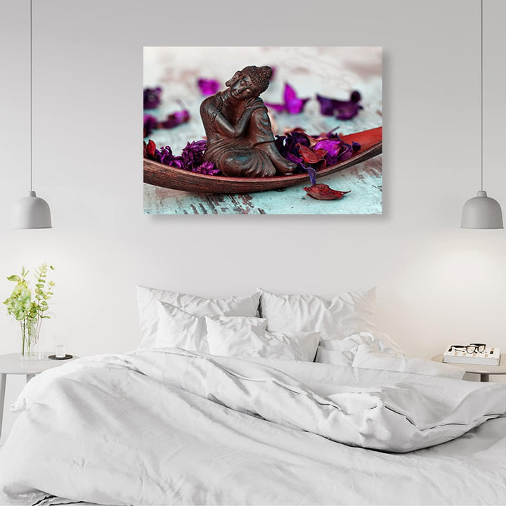 Feeby Bilder Buddha Blumen Lila XXL 120x80 cm 1Teilig Modern Wohnzimmer Schlafzimmer Flur Büro Vlies