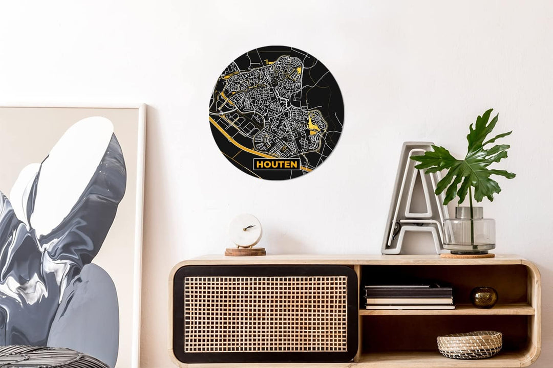 MuchoWow Wandbild Rund Wanddeko Deko Wohnzimmer Bilder 30x30 cm Houten - Schwarz und Gold - Stadtpla