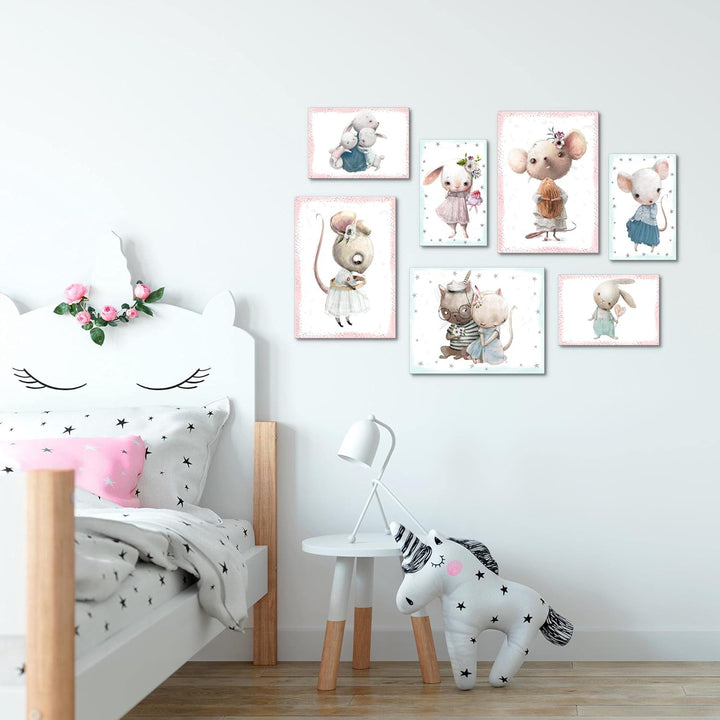Novart Wandbilder Tiere - KOMPLETT AUFHÄNGFERTIG - Mäuse Rosa Kinderzimmer Mädchen- 7 Moderne Mood-B