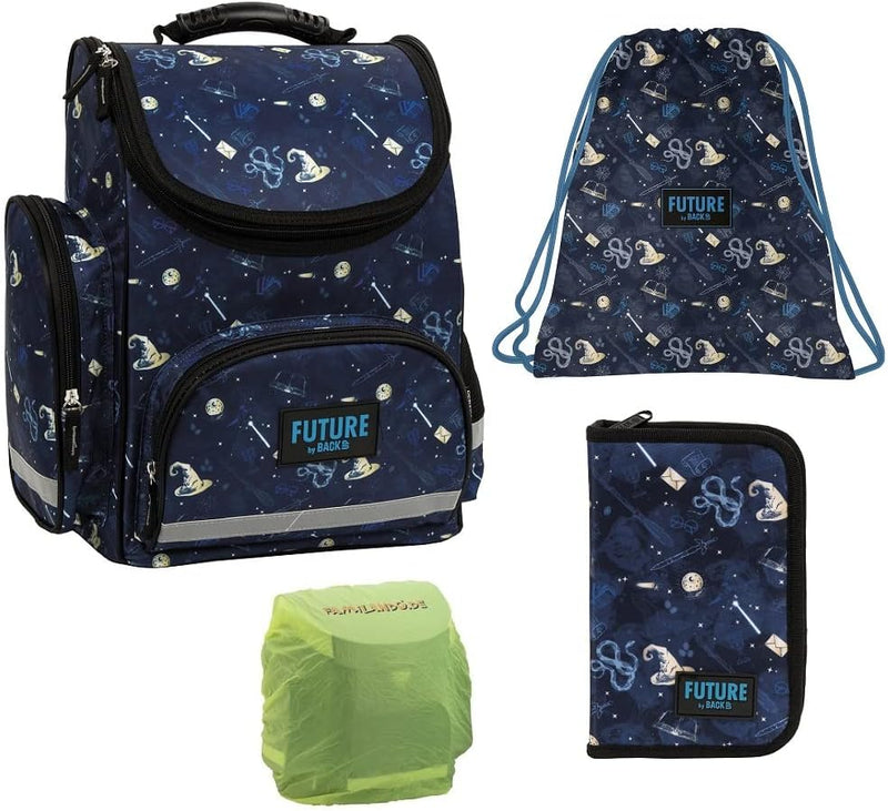 Mädchen Schulranzen-Set 4-TLG. Magic Ranzen 1. Klasse | Schul-Tasche Zauberstab Zauberhut | Blau | i