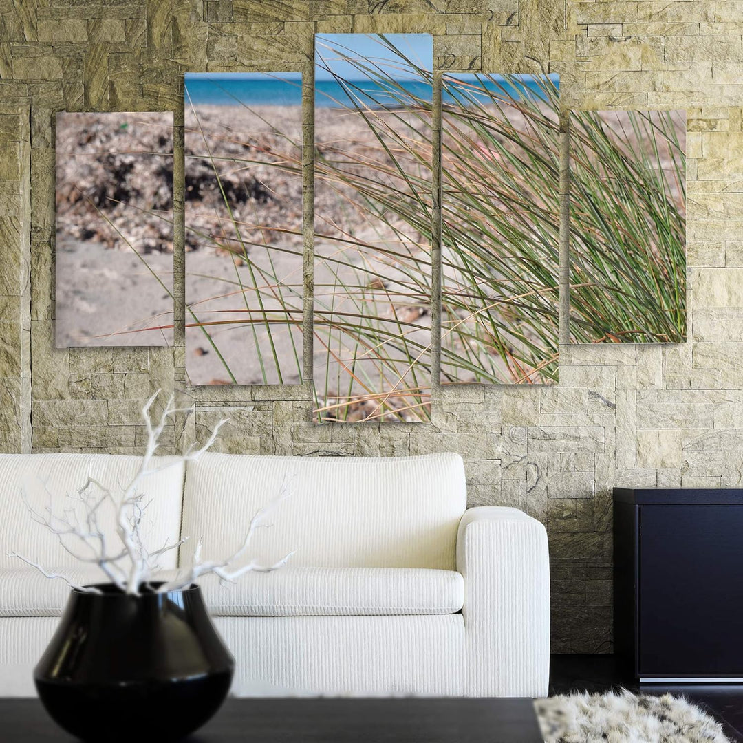 Bilder 5 Teilig Landschaft Deco Panel Kunst Natur Gras Strand Meer braun 100x70 cm Deco panel 100x70