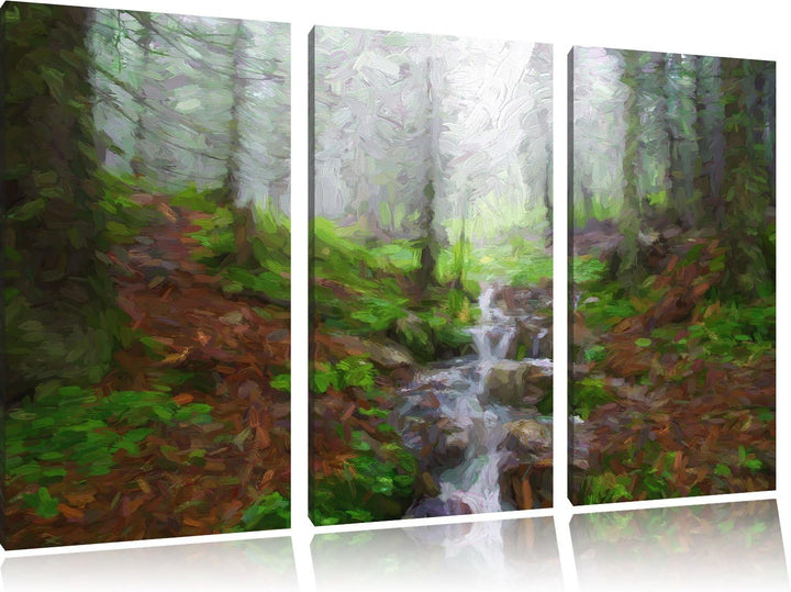 Pixxprint Bach im Wald Kunst Pinsel Effekt 3-Teiler Leinwandbild 120x80 Bild auf Leinwand